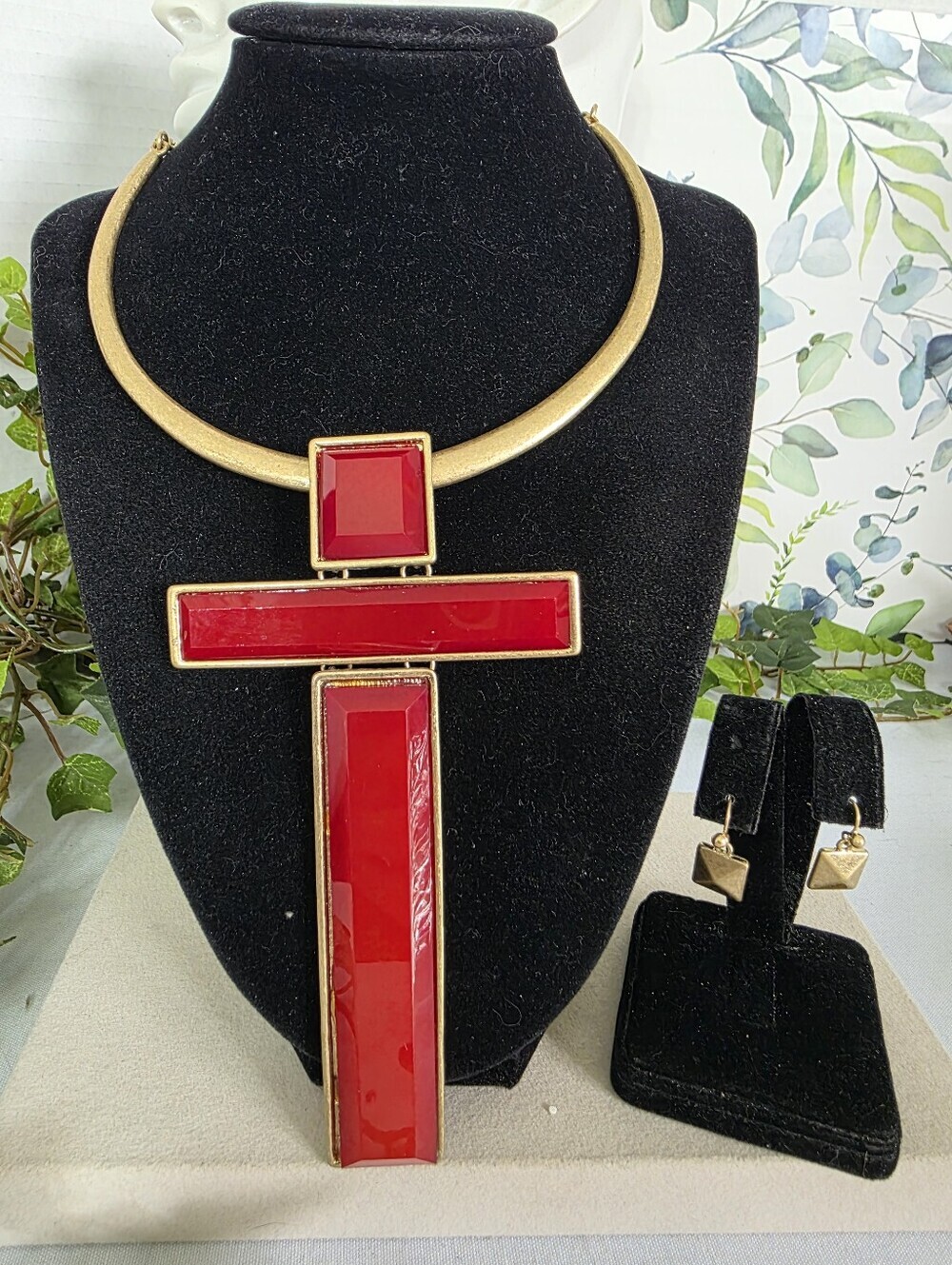 Bold Articulated Cross Choker & Earring Set | Matte Gold & Ruby Red